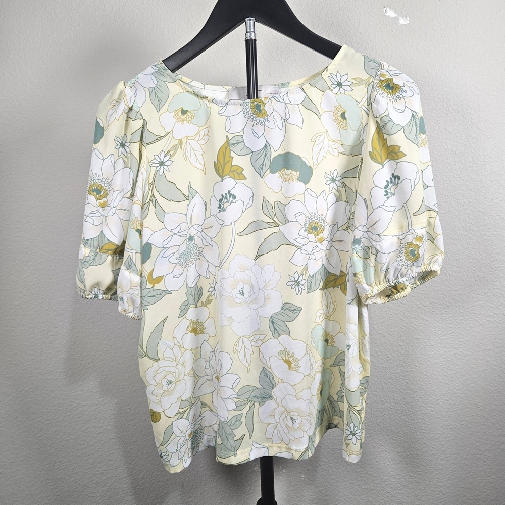 Loft Blouse Women SP Yellow Floral Puff Sleeve Scoop Neck Cottagecore Casual